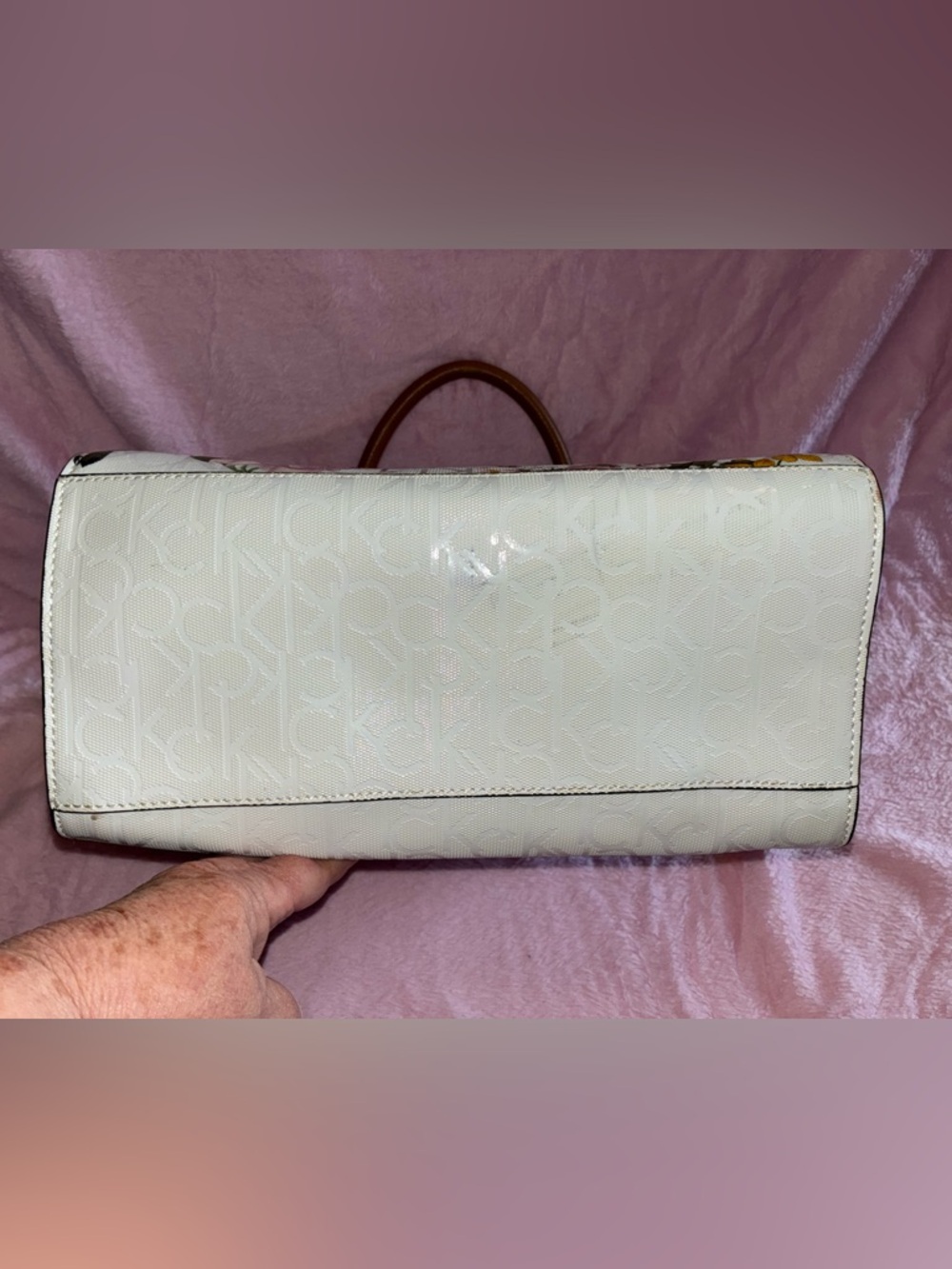 EUC! Beautiful Calvin Klein Monogram Floral Satchel/Crossbody w/Brown Strap - Picture 9 of 11